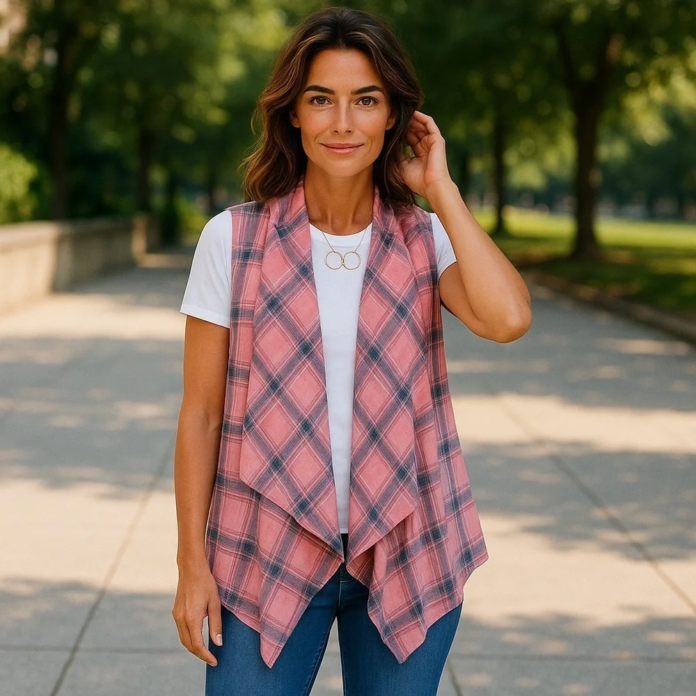 ❄️ Cato | Plaid Vest Gypsum Red Various Sizes Available Linen - Picture 2 of 4